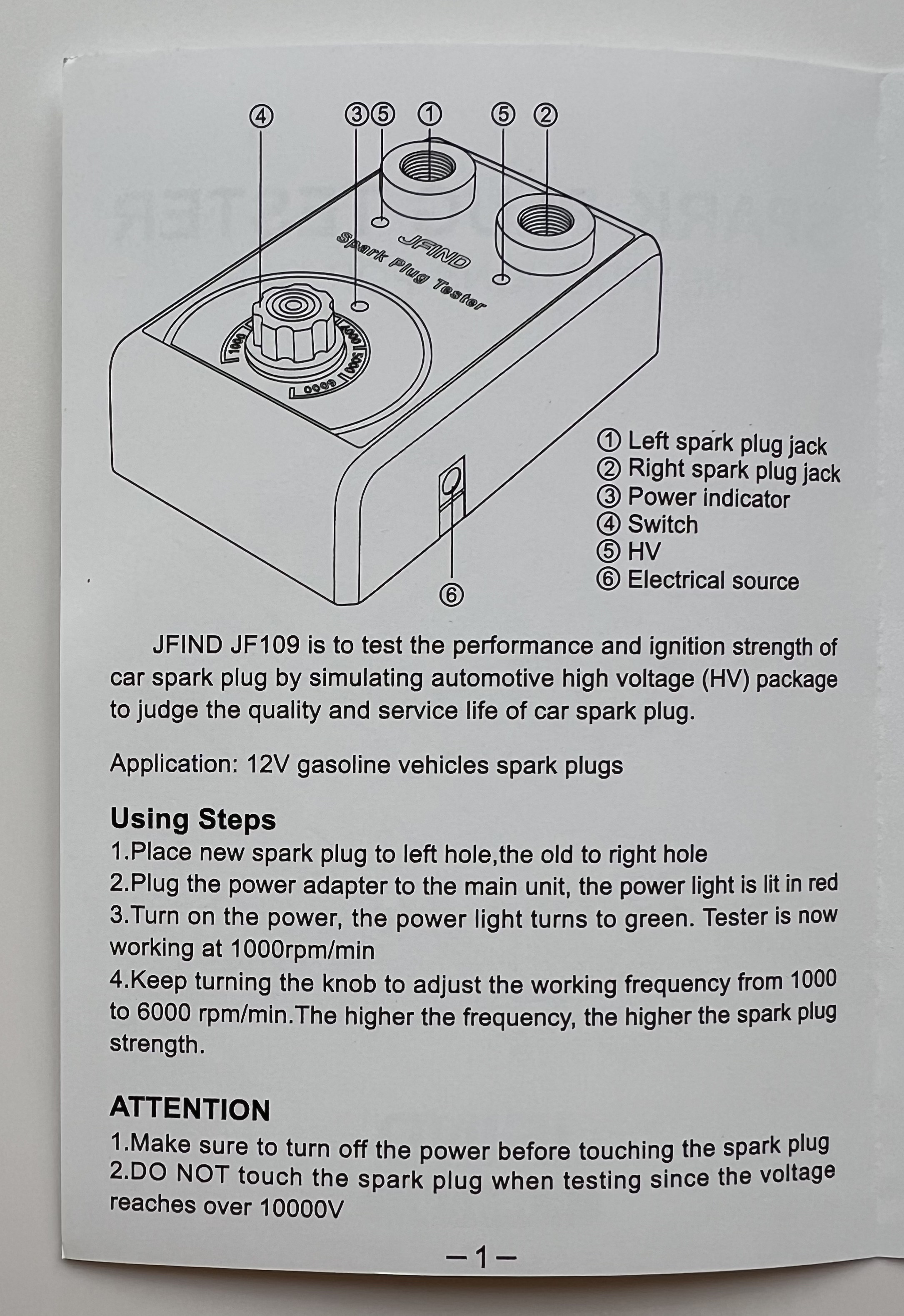 Інструкція до автомобільного тестера свічок запалювання JF109