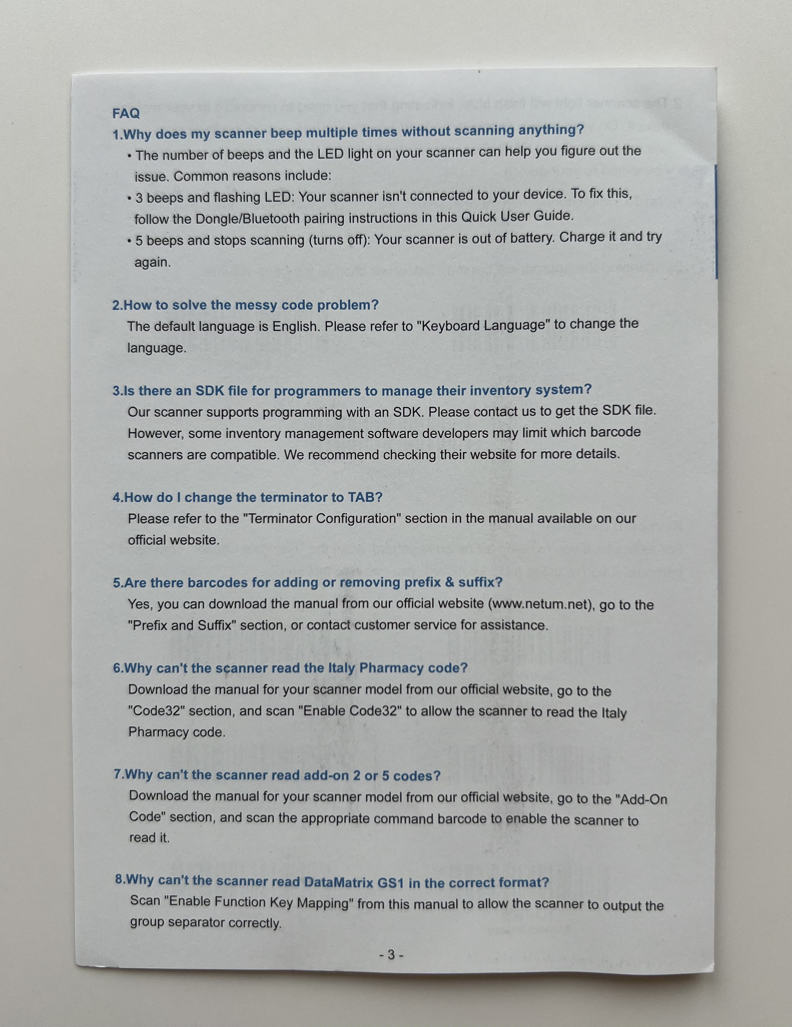 FAQ до сканеру для складу NETUM L8BL