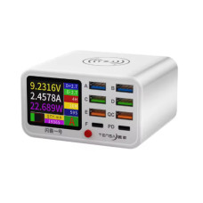 Зарядна станція TENSAI 65W, 8 портів USB, бездротова зарядка, QC3.0, Type-C, LCD-дисплей