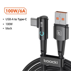 Кабель Toocki 6A/100W USB-A to Type-C, 90° штекер, LED дисплей, заряджання і передача даних, 1 м, чорний