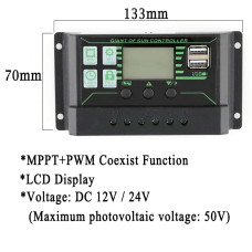 Сонячний контролер MPPT 20A з LCD і 2xUSB, 12/24/50V (регульований заряд)