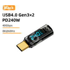 Повнофункціональний адаптер типу C «тато» — «мама» типу C, 240 Вт, з цифровим дисплеєм (чорний) Повнофункціональний адаптер типу C «тато» — «мама» типу C, 240 Вт, з цифровим дисплеєм (чорний)