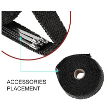 Термострічка для вихлопної труби (5 м, 2.5 см, скловолокно) з металевими стяжками – до 1100°C Чорний