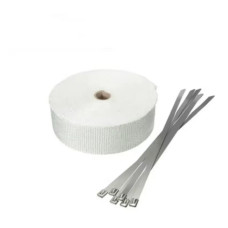 Термострічка для вихлопної труби (5 м, 2.5 см, скловолокно) з металевими стяжками – до 1100°C Білий