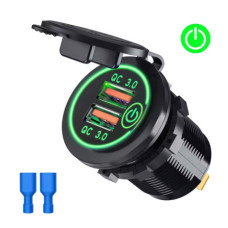 Швидкісна розетка Dual QC 3.0 USB для авто: водонепроникний зарядний адаптер 12В/24В з вимикачем — Зелений Швидкісна розетка Dual QC 3.0 USB для авто: водонепроникний зарядний адаптер 12В/24В з вимикачем — Зелений