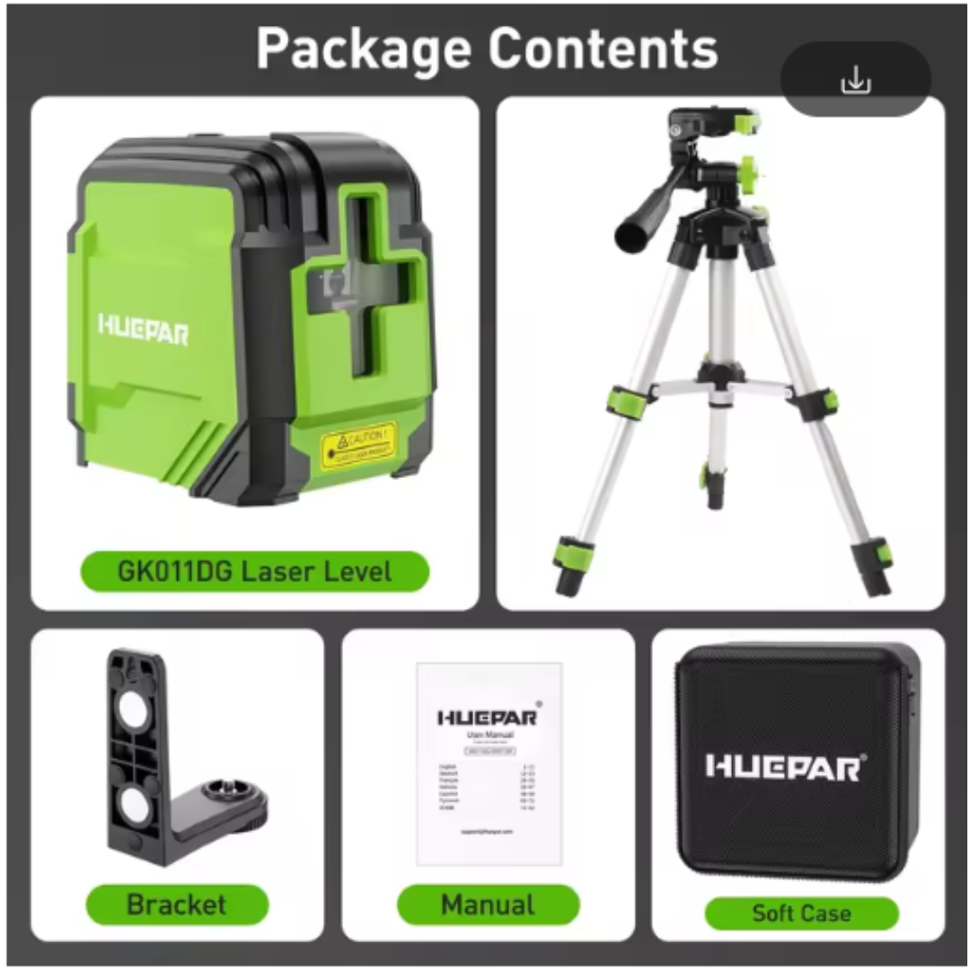 Лазерний рівень з самовирівнюванням Huepar 2 лінії, горизонтальний та вертикальний, зелений промінь Osram