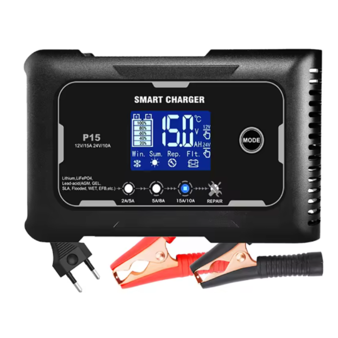 Розумний зарядний пристрій 15А для AGM, LiFePO4, гелевих, літієвих і свинцевих АКБ 12В/24В до 1000А·год AusHauz
