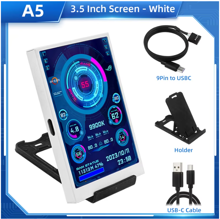 TURZX 3.5" IPS Type-C Мінімонітор A5 (White) | Додатковий екран для ПК, CPU/GPU/Температур/Навантаження