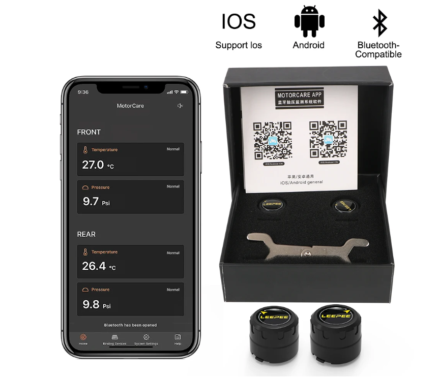 TPMS Bluetooth для мотоцикла — система контролю тиску в шинах із сенсорами, керуванням через додаток та водозахистом
